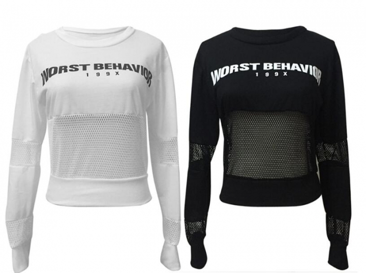 Cropped Hoodies Sweatshirt Summer WORST BEHAVIOR Letter Print Long Sleeve Sexy Fishnet Top Hoodie