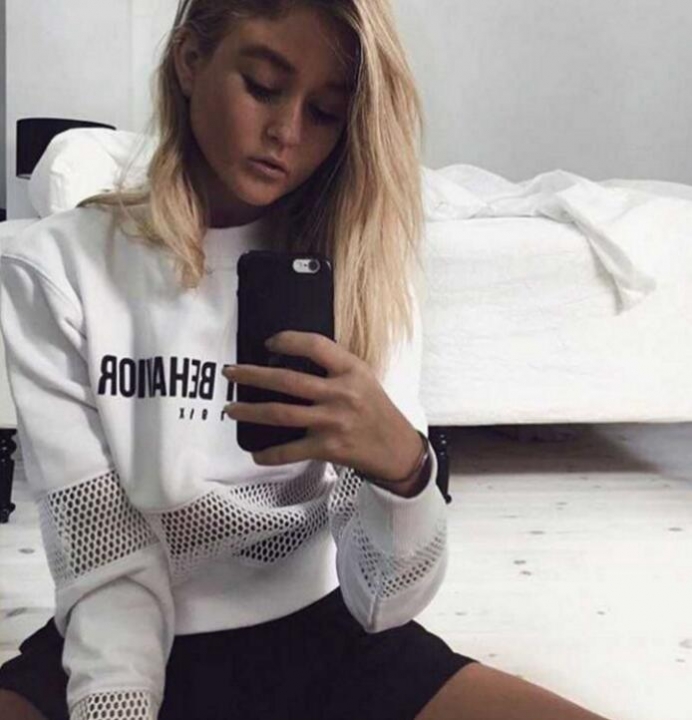 Cropped Hoodies Sweatshirt Summer WORST BEHAVIOR Letter Print Long Sleeve Sexy Fishnet Top Hoodie