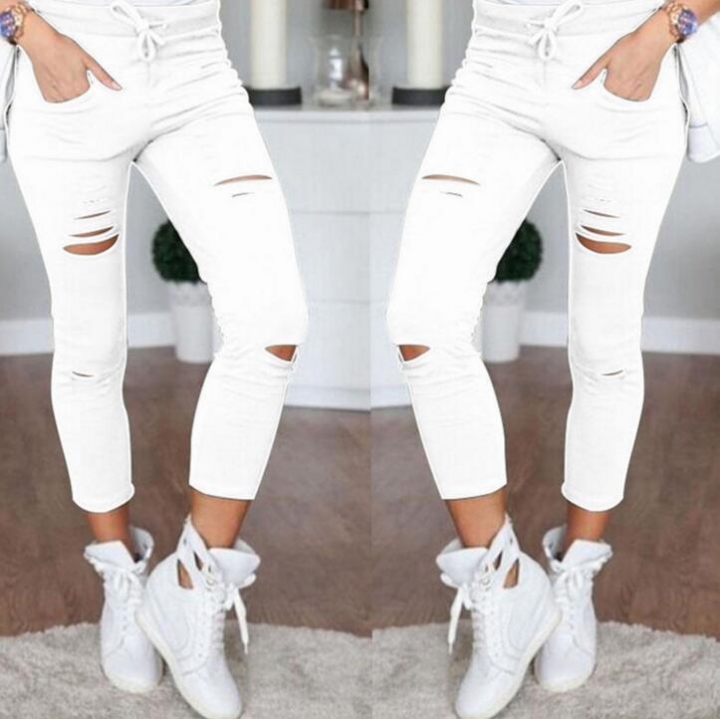 Skinny Jeans Women Denim Pants Holes Destroyed Knee Pencil Pants Casual Trousers  Stretch Ripped