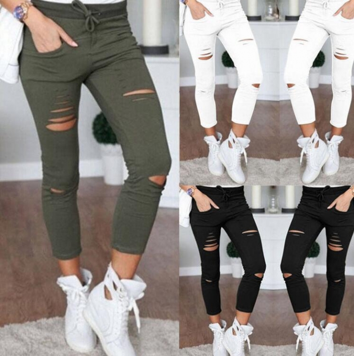 Skinny Jeans Women Denim Pants Holes Destroyed Knee Pencil Pants Casual Trousers  Stretch Ripped