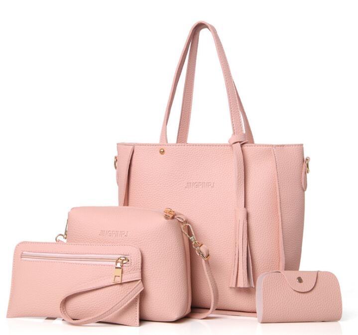 Women Bag 4 Set Top-Handle Big Capacity Female Tassel Handbag Purse Ladies PU Leather Crossbody Bag