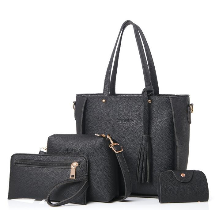 Women Bag 4 Set Top-Handle Big Capacity Female Tassel Handbag Purse Ladies PU Leather Crossbody Bag