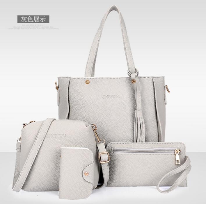Women Bag 4 Set Top-Handle Big Capacity Female Tassel Handbag Purse Ladies PU Leather Crossbody Bag