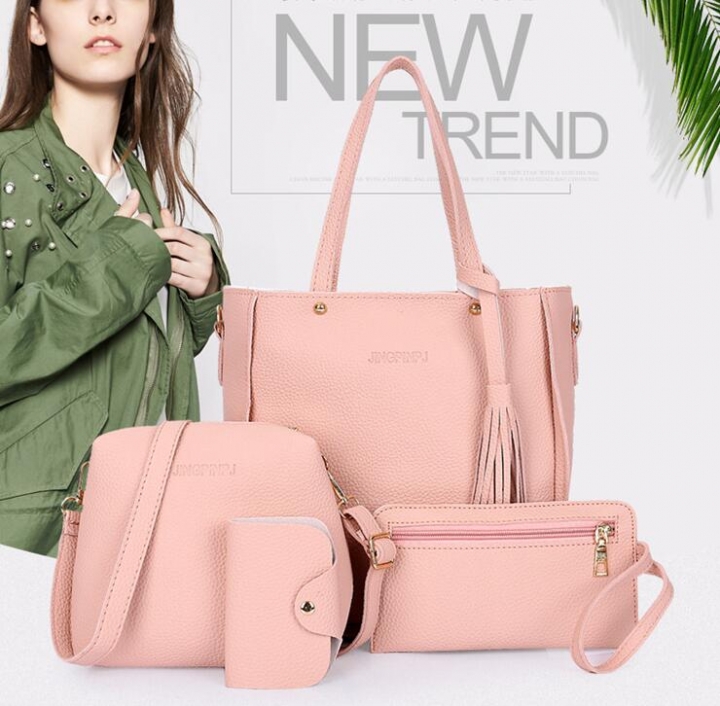 Women Bag 4 Set Top-Handle Big Capacity Female Tassel Handbag Purse Ladies PU Leather Crossbody Bag