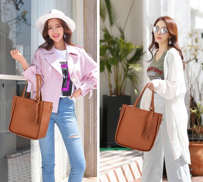 Women Bag 4 Set Top-Handle Big Capacity Female Tassel Handbag Purse Ladies PU Leather Crossbody Bag