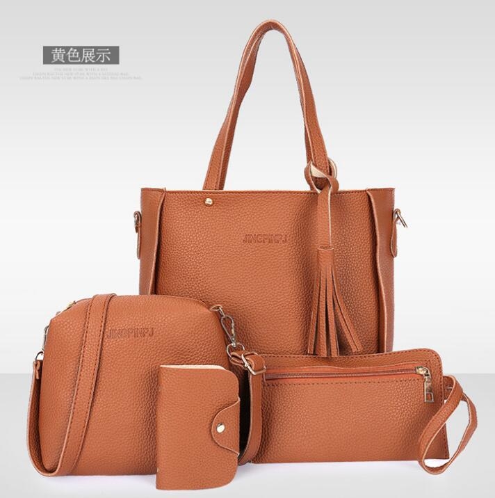 Women Bag 4 Set Top-Handle Big Capacity Female Tassel Handbag Purse Ladies PU Leather Crossbody Bag