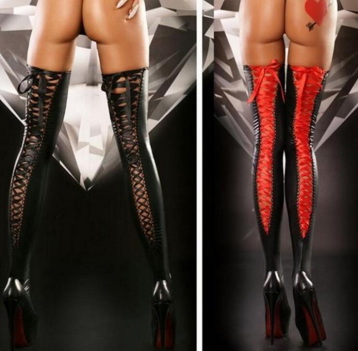 2019Women&apos;s Sexy Club Thigh High Stockings Stretch Leather Lace Top Stockings Hosiery Nets Stay Up