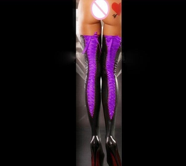 2019Women&apos;s Sexy Club Thigh High Stockings Stretch Leather Lace Top Stockings Hosiery Nets Stay Up