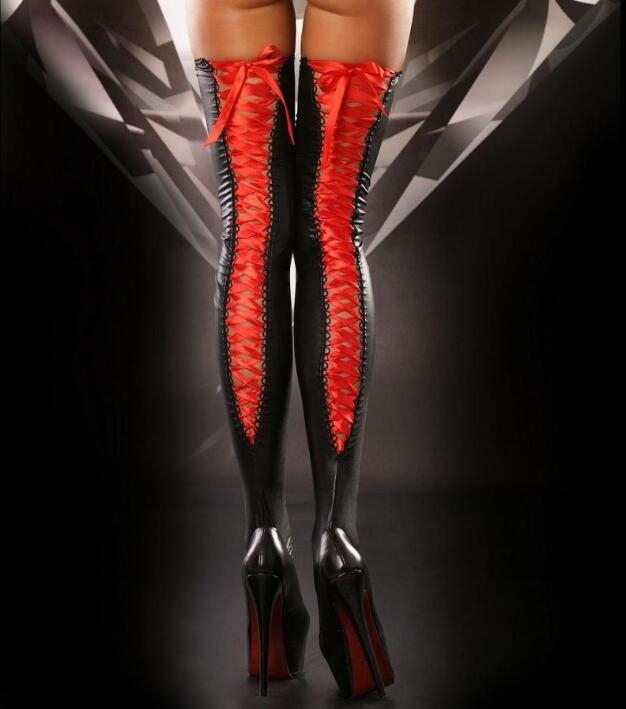 2019Women&apos;s Sexy Club Thigh High Stockings Stretch Leather Lace Top Stockings Hosiery Nets Stay Up