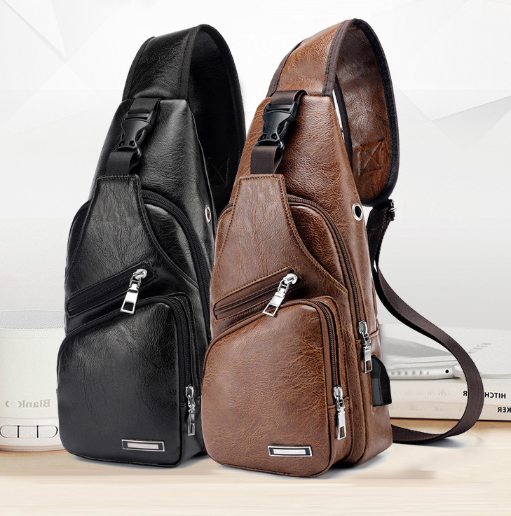 Cross Body Fashion Chest Bag with USB Charging Port Headphone Plug For Mens