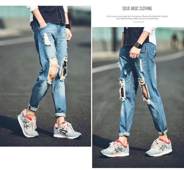 Men Stylish Ripped Jean Pants Biker Skinny Slim Straight Frayed Denim Trousers New Fashion Clothes