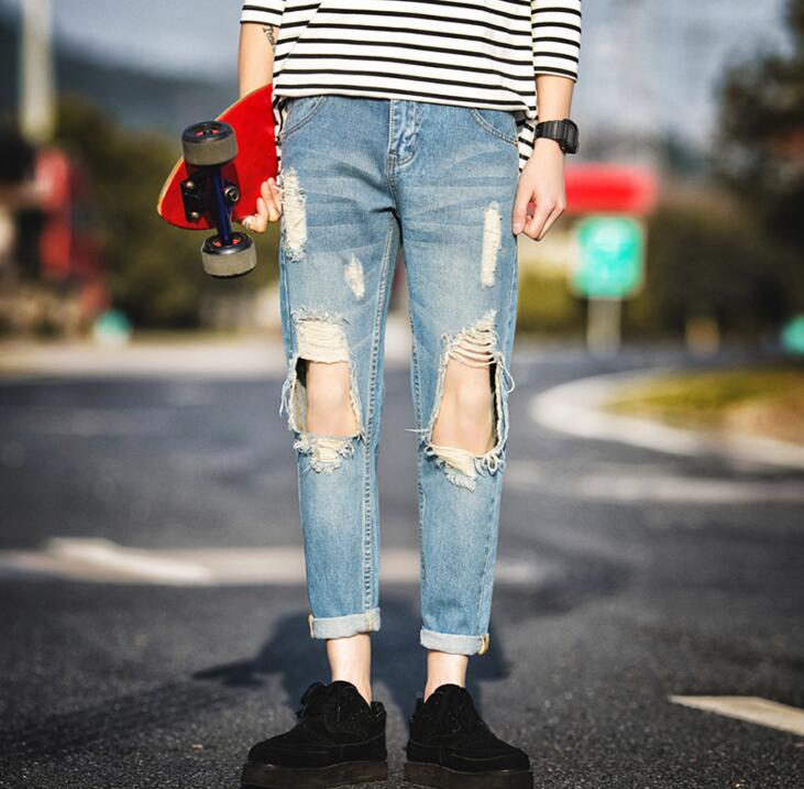 Men Stylish Ripped Jean Pants Biker Skinny Slim Straight Frayed Denim Trousers New Fashion Clothes