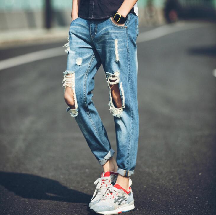 Men Stylish Ripped Jean Pants Biker Skinny Slim Straight Frayed Denim Trousers New Fashion Clothes
