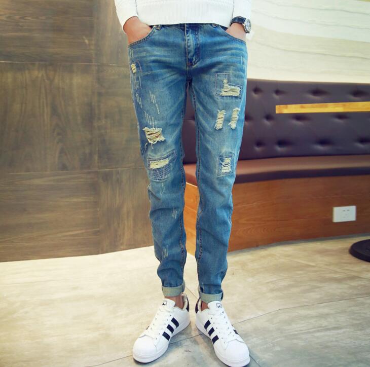 Men Stylish Ripped Jean Pants Biker Skinny Slim Straight Frayed Denim Trousers New Fashion Clothes