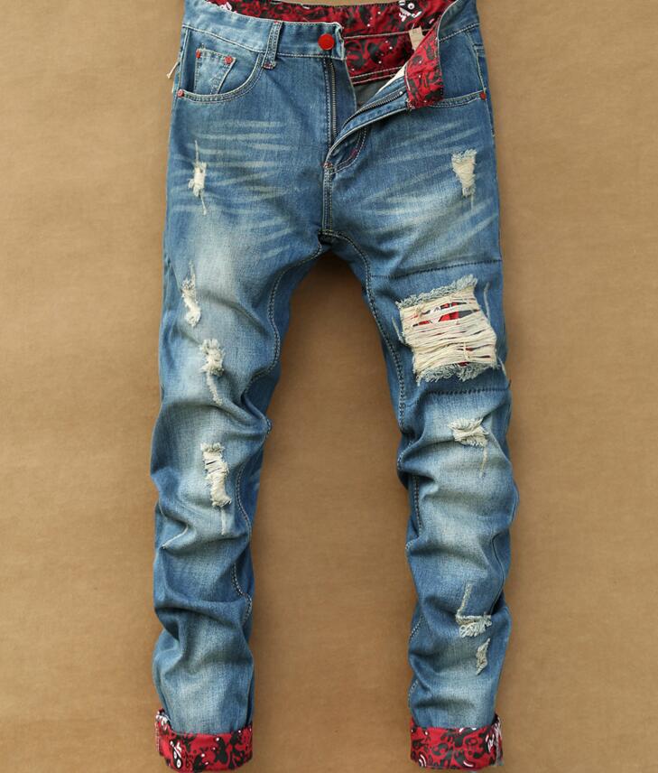 Men Stylish Ripped Jean Pants Biker Skinny Slim Straight Frayed Denim Trousers New Fashion Clothes