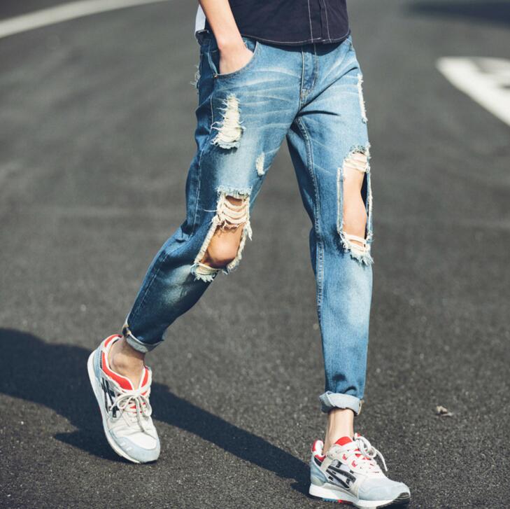 Men Stylish Ripped Jean Pants Biker Skinny Slim Straight Frayed Denim Trousers New Fashion Clothes
