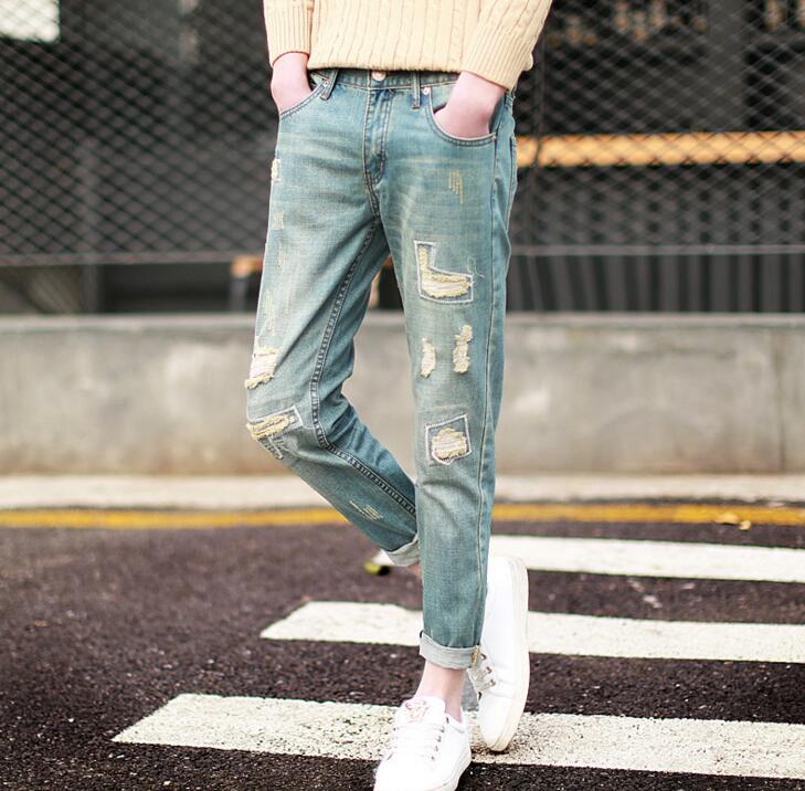 Men Stylish Ripped Jean Pants Biker Skinny Slim Straight Frayed Denim Trousers New Fashion Clothes