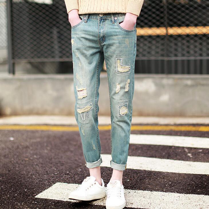 Men Stylish Ripped Jean Pants Biker Skinny Slim Straight Frayed Denim Trousers New Fashion Clothes