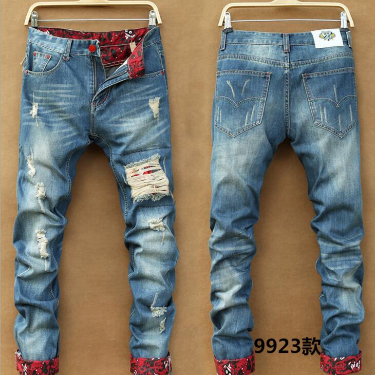 Men Stylish Ripped Jean Pants Biker Skinny Slim Straight Frayed Denim Trousers New Fashion Clothes