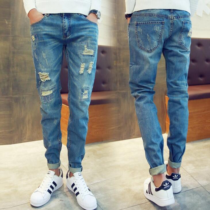 Men Stylish Ripped Jean Pants Biker Skinny Slim Straight Frayed Denim Trousers New Fashion Clothes