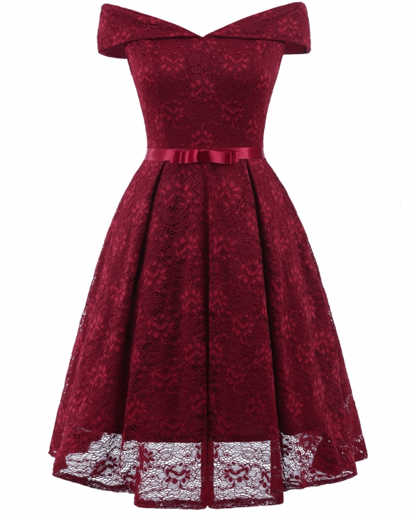 Lace Dress Knee Length Maroon