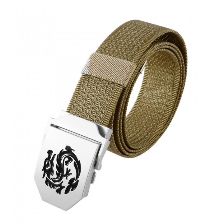Men&apos;s Dragon Pattern Canvas Knitted Belt Automatic Buckle Men Belts Durable Tactical Military