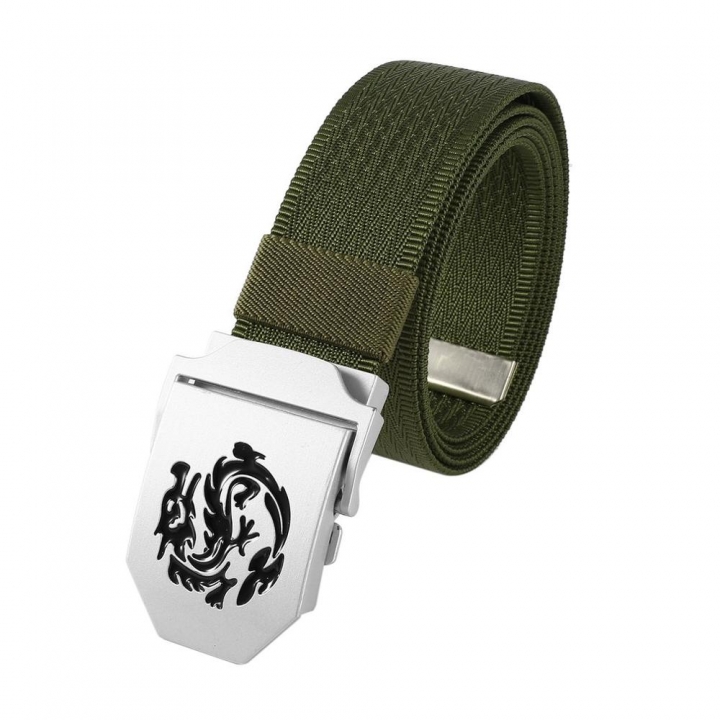 Men&apos;s Dragon Pattern Canvas Knitted Belt Automatic Buckle Men Belts Durable Tactical Military