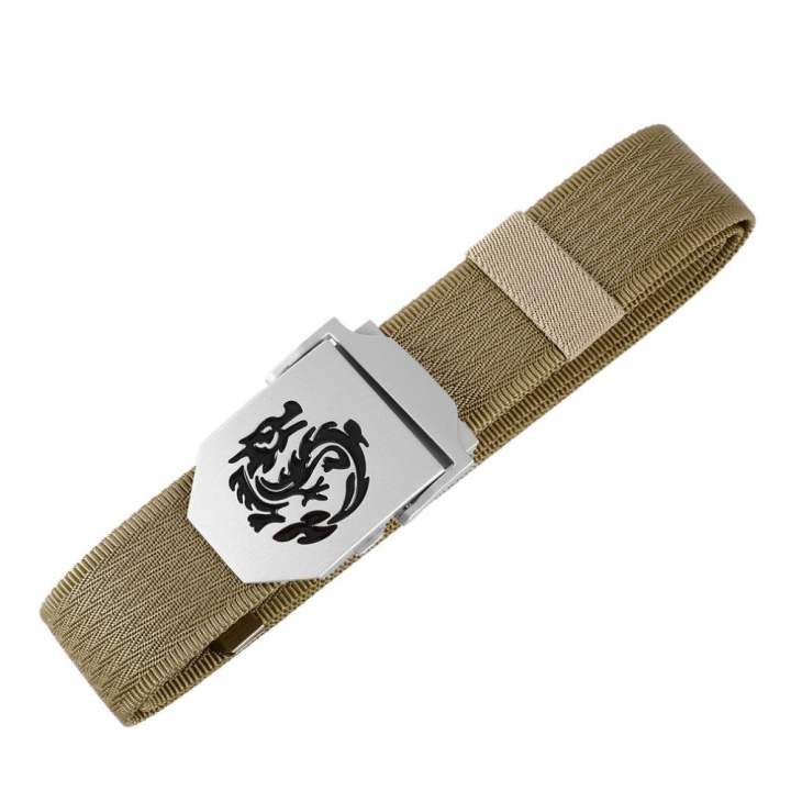 Men&apos;s Dragon Pattern Canvas Knitted Belt Automatic Buckle Men Belts Durable Tactical Military