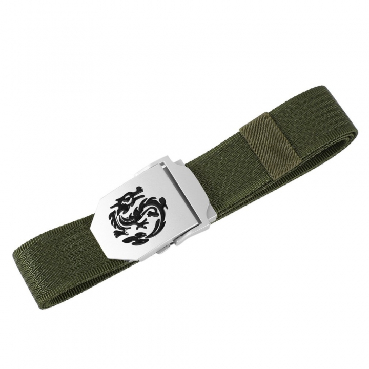 Men&apos;s Dragon Pattern Canvas Knitted Belt Automatic Buckle Men Belts Durable Tactical Military