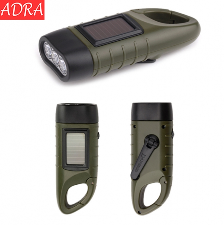 ADRA Portable Solar Flashlight With Hand Crank Mountaineering Buckle For Cycling Self-defense