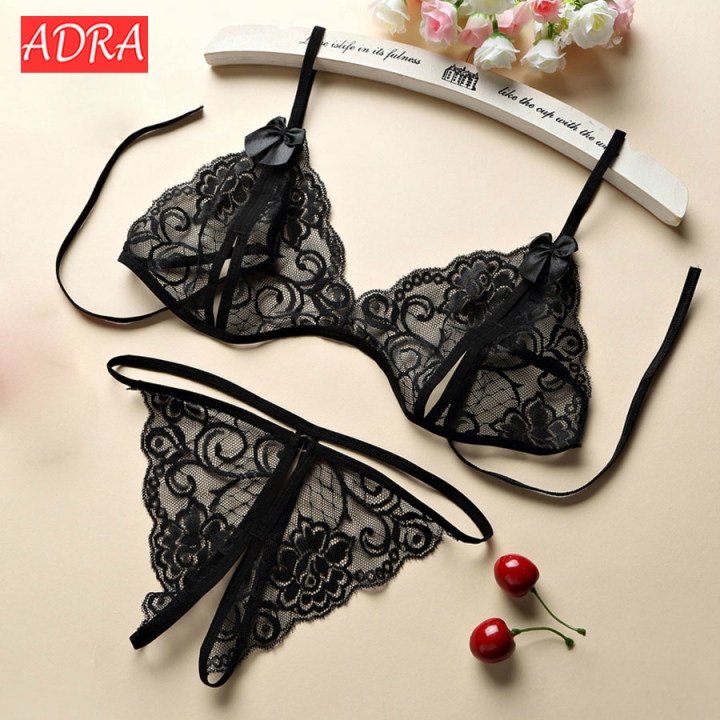 Women Hot Erotic Sexy Lingerie Open Bra Crotch Porno Lace Transparent Underwear Bra + T Pants
