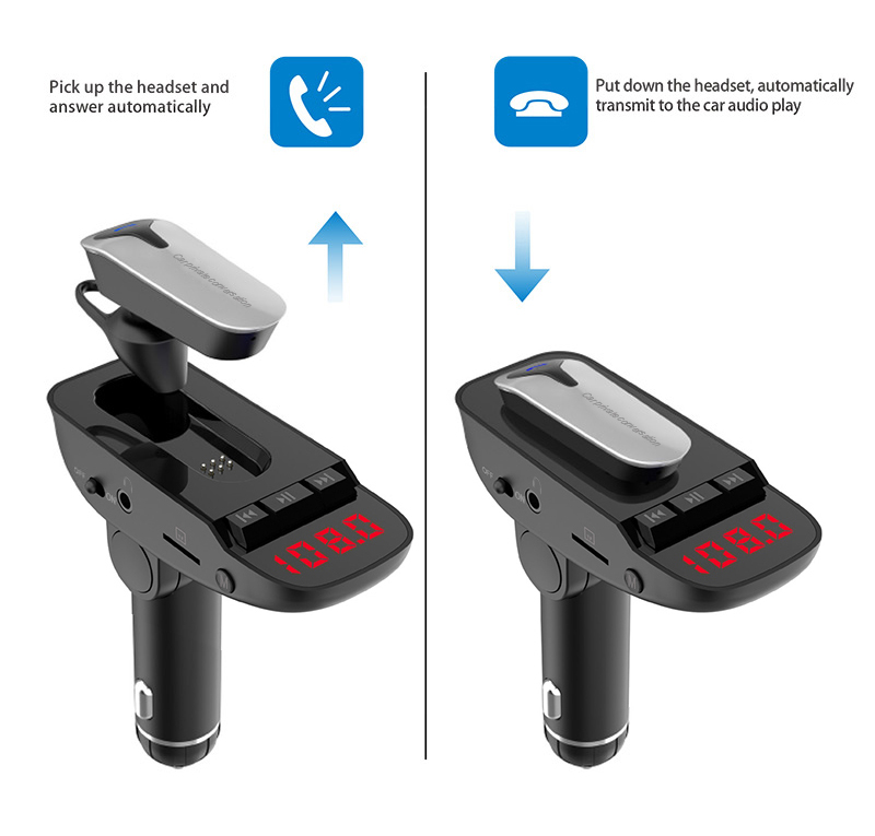 Car Kit Wireless Bluetooth Business Headset FM/TF Card MP3 Player Dual USB Car Charger