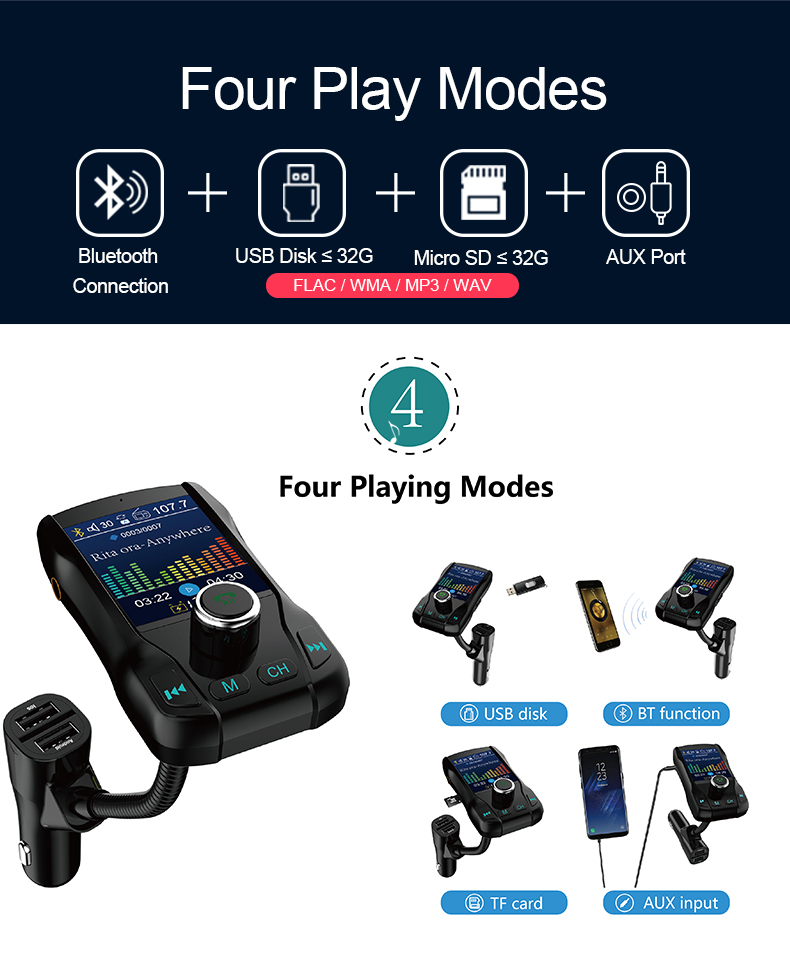 1.8Inch Color Screen Car MP3 Music Player Bluetooth FM Transmitter Aux Audio Output Car Charger