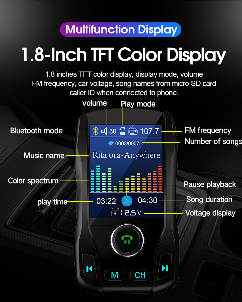 1.8Inch Color Screen Car MP3 Music Player Bluetooth FM Transmitter Aux Audio Output Car Charger