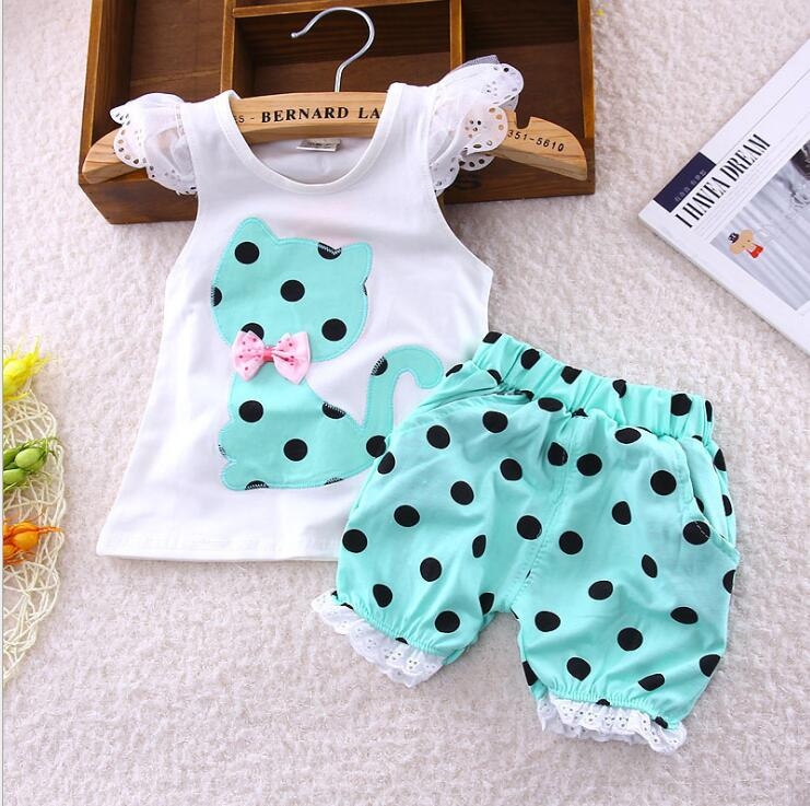 2Pcs Kids Baby Girls Cat Dot Bowknot Lace Short sleeve shirt+Dot shorts Outfits Clothes Set GX534C fuchsia 100 5