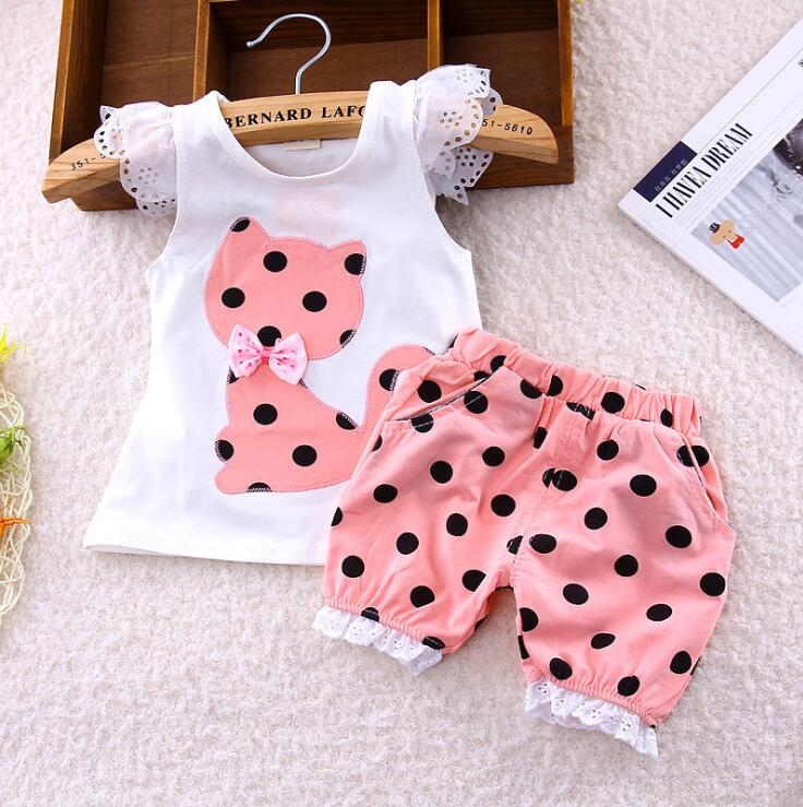 2Pcs Kids Baby Girls Cat Dot Bowknot Lace Short sleeve shirt+Dot shorts Outfits Clothes Set GX534C fuchsia 100 6