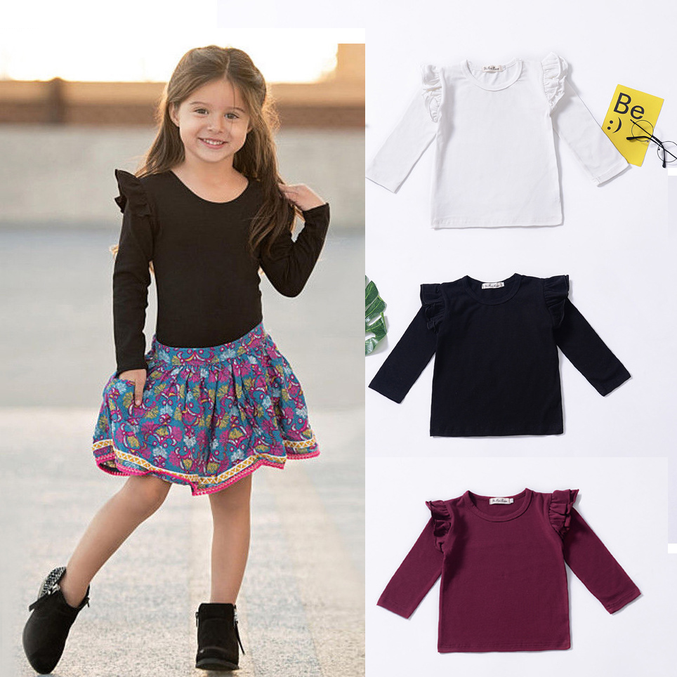Toddler Kid Baby Girls Ruffle Lace Long Sleeve Top Shirt Blouse  Clothes Casual White/Black/Wine Red