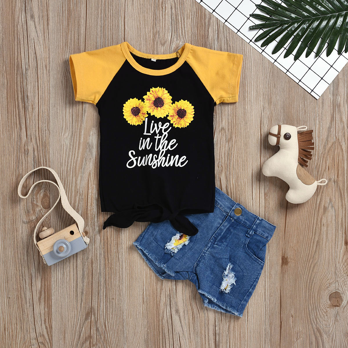 Toddler Kids Baby Girls Color Matching Pineapple Sunflower T-shirt Tops+Denim Shorts Set Outfits