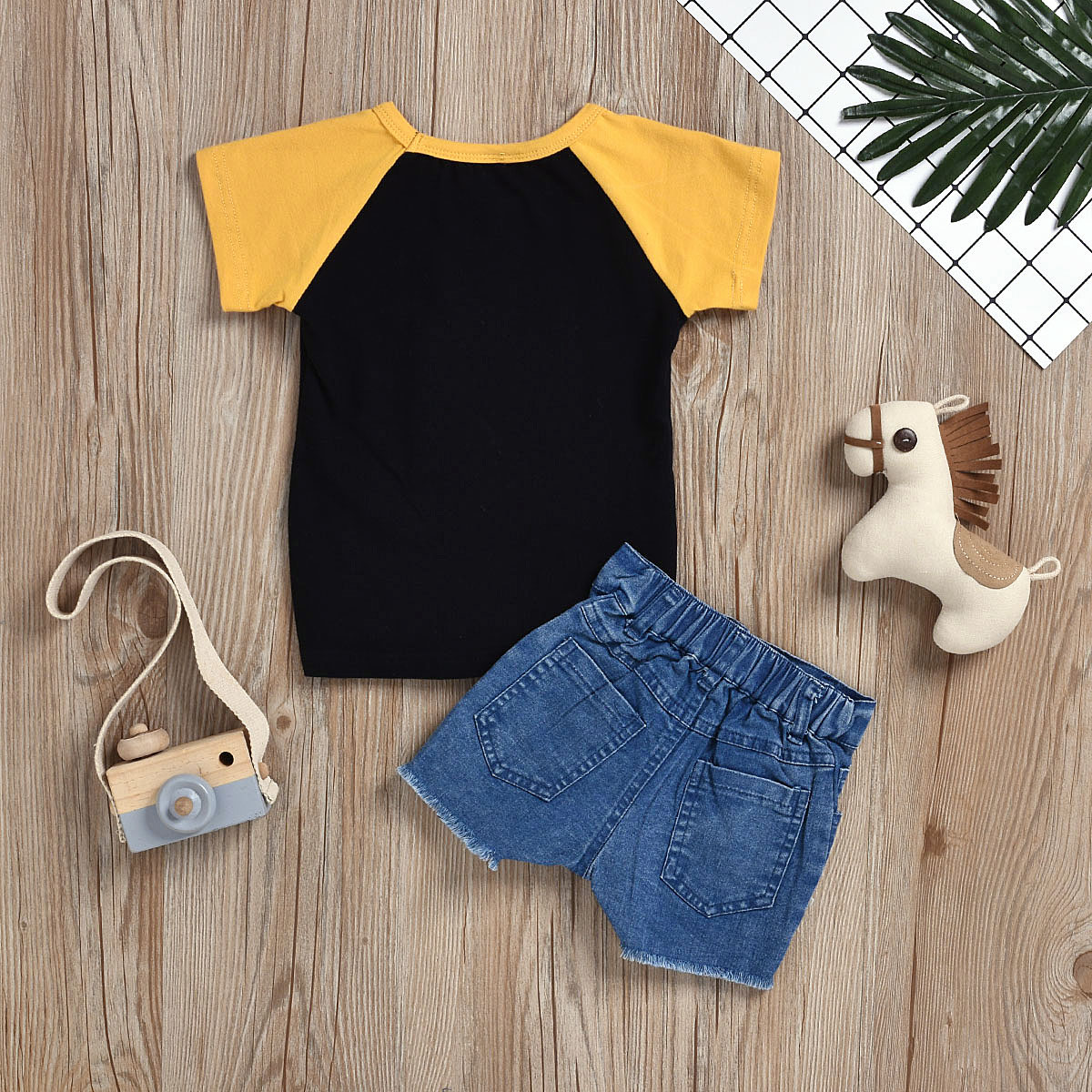 Toddler Kids Baby Girls Color Matching Pineapple Sunflower T-shirt Tops+Denim Shorts Set Outfits