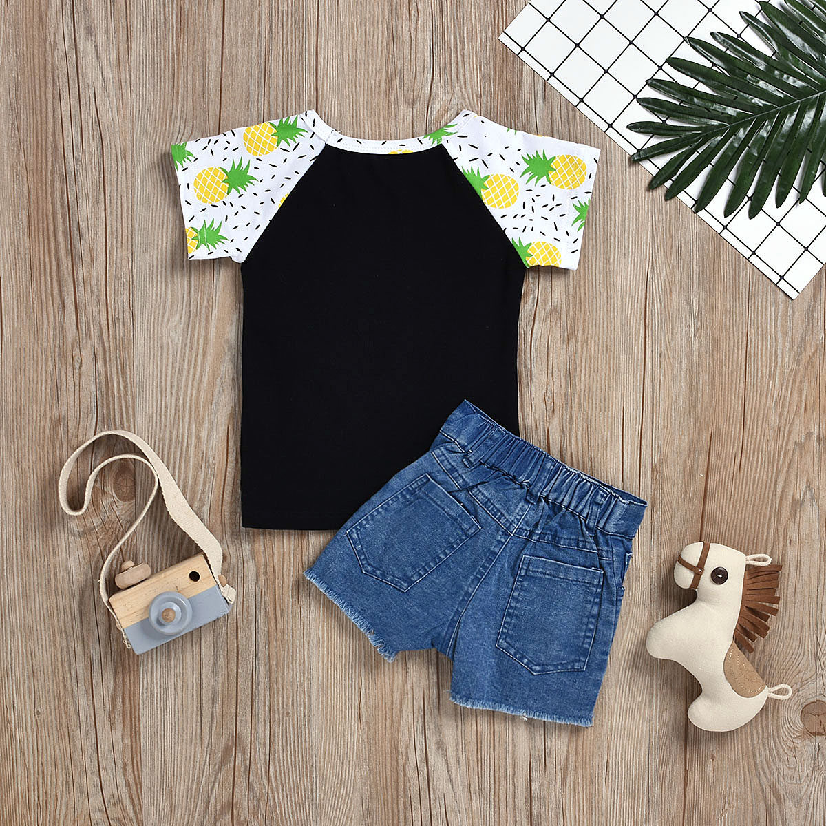Toddler Kids Baby Girls Color Matching Pineapple Sunflower T-shirt Tops+Denim Shorts Set Outfits