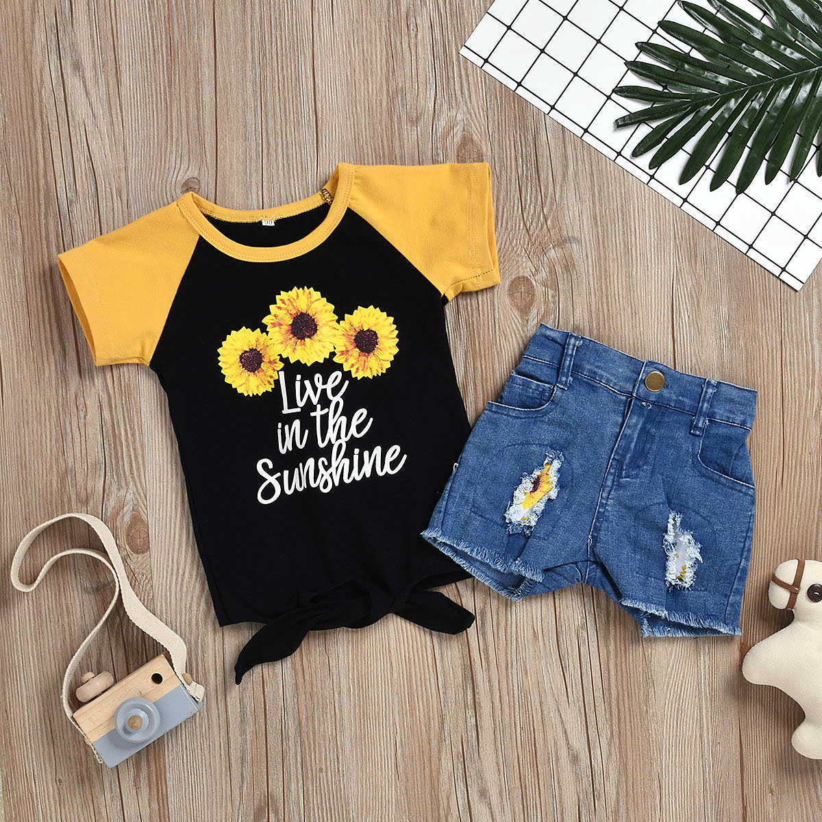 Toddler Kids Baby Girls Color Matching Pineapple Sunflower T-shirt Tops+Denim Shorts Set Outfits