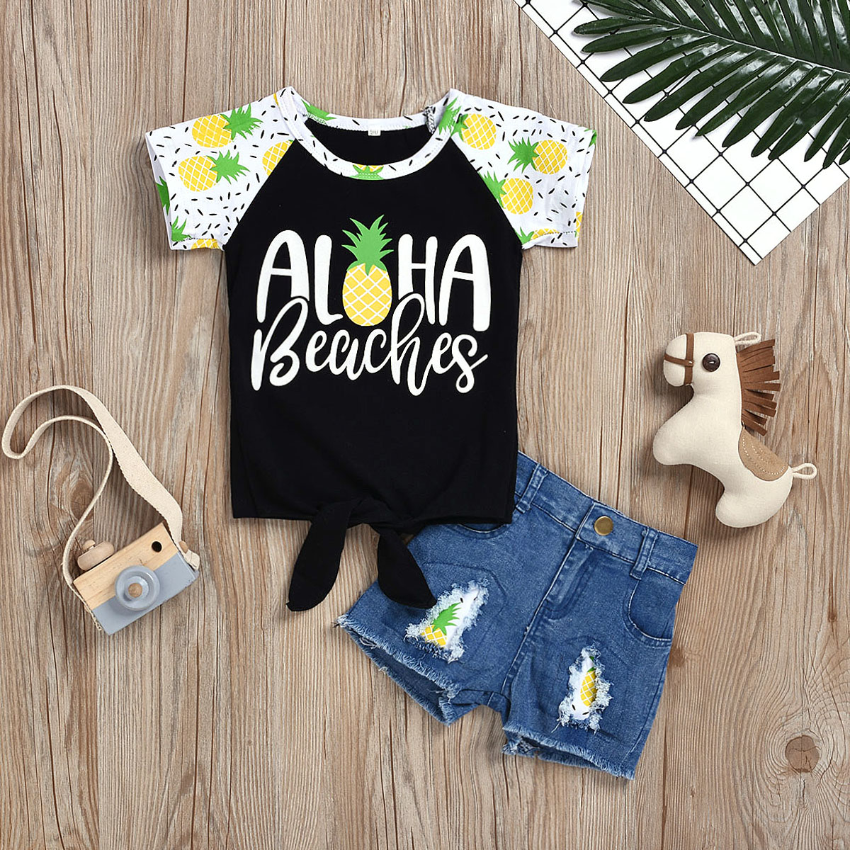 Toddler Kids Baby Girls Color Matching Pineapple Sunflower T-shirt Tops+Denim Shorts Set Outfits