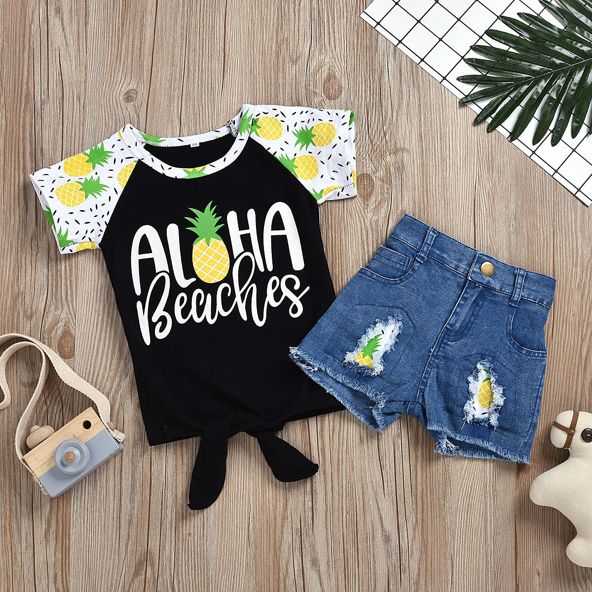 Toddler Kids Baby Girls Color Matching Pineapple Sunflower T-shirt Tops+Denim Shorts Set Outfits