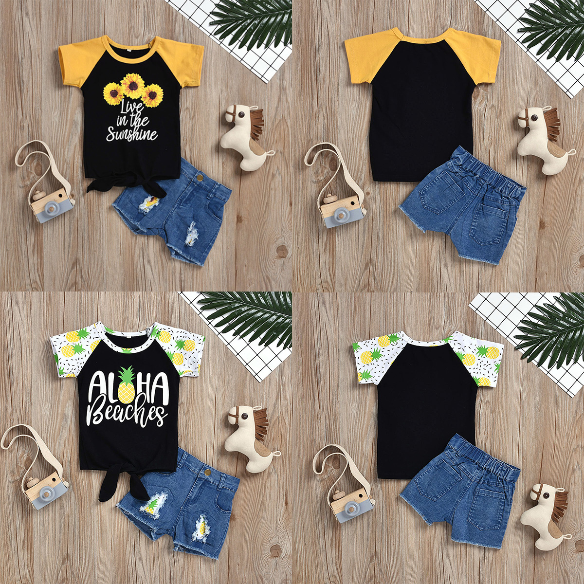 Toddler Kids Baby Girls Color Matching Pineapple Sunflower T-shirt Tops+Denim Shorts Set Outfits