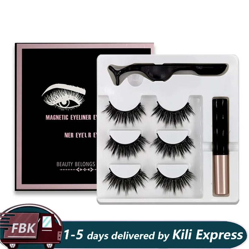 3 Pairs Magnetic Eyelashes set Magnet Liquid Eyeliner&amp; Magnetic Lashes &amp; Tweezer Set Makeup False Eyelashes Makeup Kit
