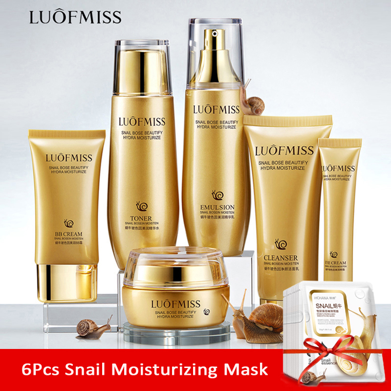 12Pcs Skin Care Set  Cleanser  +Snail Toner  + Snail Emulsion + Eye Cream+ Moisturizer +  BB cream+6 Masks Skin Care