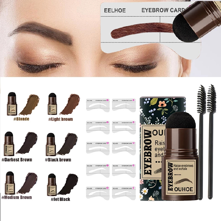 One Step Makeup Kit Eyebrow Powder Stamp Shaping Kit Long Lasting Contouring Eyebrow Shape Stamp Brow with 10 Eyebrow Stencils 2 Brushes Eye Shadow
