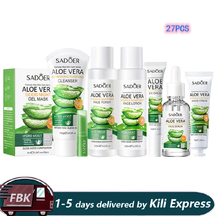 SADOER 27Pcs Skin Care Set Aloe Facial Cleanser +Aloe Moisturizing lotion + Face Essence +Face  Toner Tone+Eye Cream +  Masks 20PCS+Lipstick + Hand Cream Gift set
