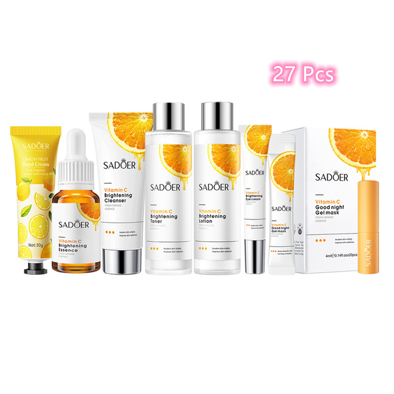 27Pcs Skin Care Set Vitamin C Face Cleansers + Moisturizing lotion + Face Essence +Face Toner Tone+Eye Cream +20Pcs Masks +Lipstick + Hand Cream Gift set