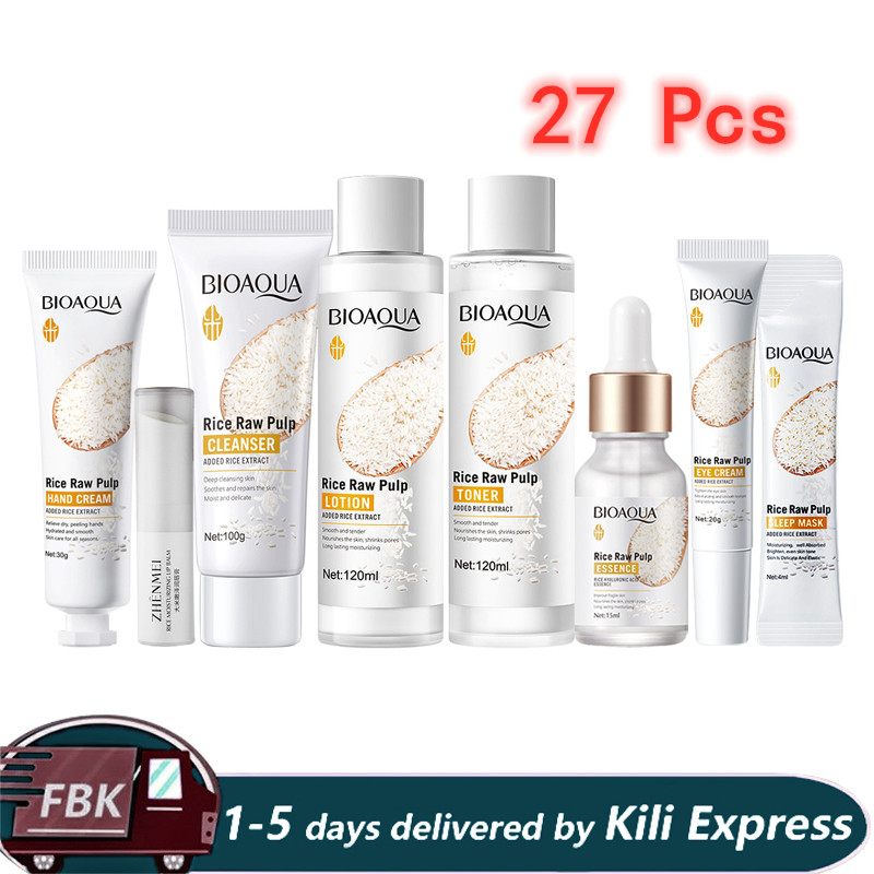 27Pcs  Rice Raw Pulp Skin Care Sets & Kits Facial Cleanser + Moisturizing lotion + Face Essence +Face  Toner +Eye Cream +  Masks +Lipstick + Hand Cream